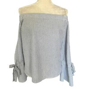 Aqua Off Shoulder Top Blue White Stripes Large Seersucker